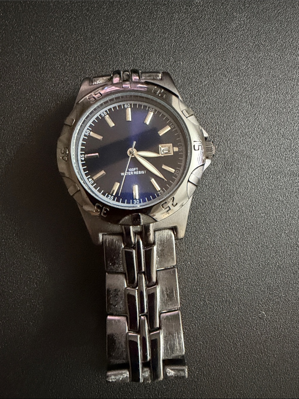 Men's Stainless Steel Watch with Blue Dial and Link Bracelet waterproof